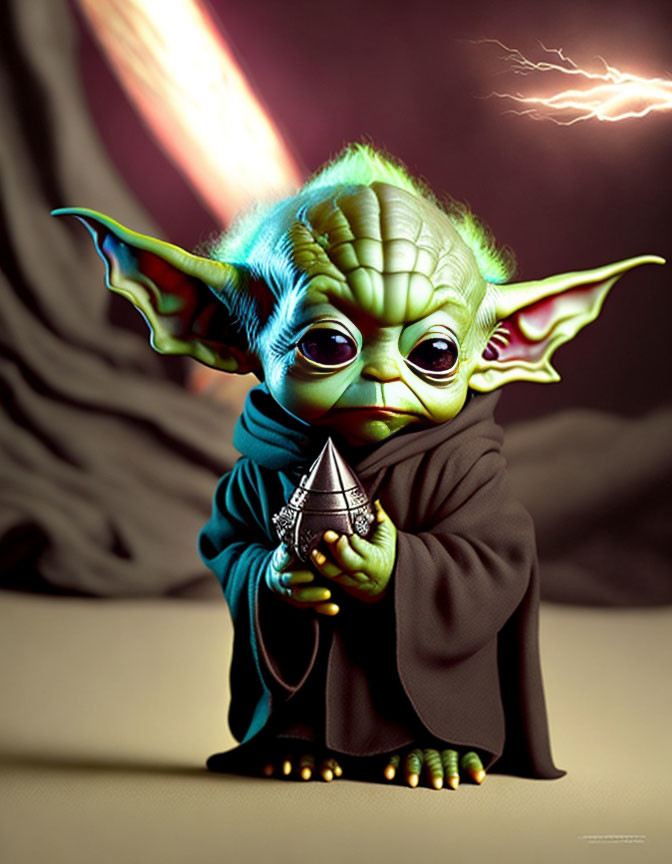 Young Yoda-like character with large eyes in dark cloak holding metallic object