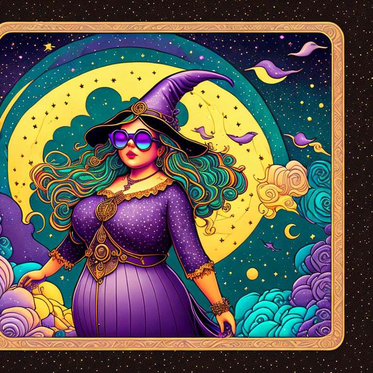 Stylish witch illustration with flowing hair and pointed hat against moon backdrop