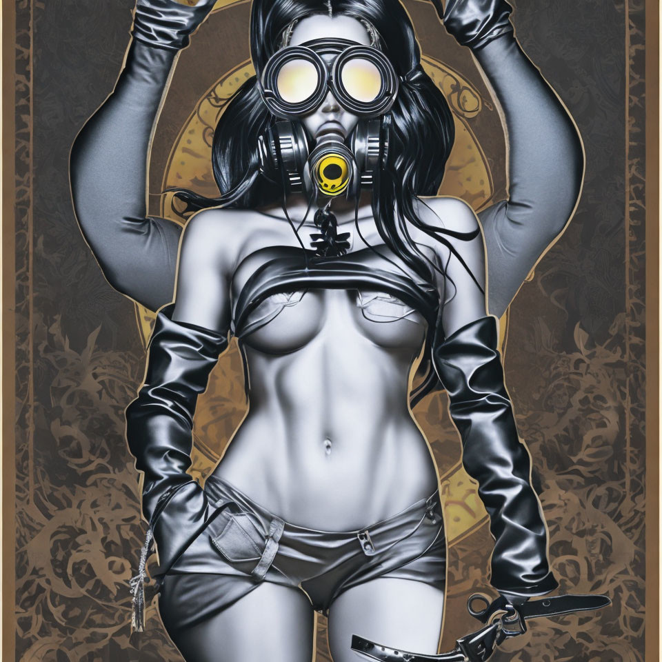 Stylized illustration of woman in goggles, gloves, shorts, and gas mask