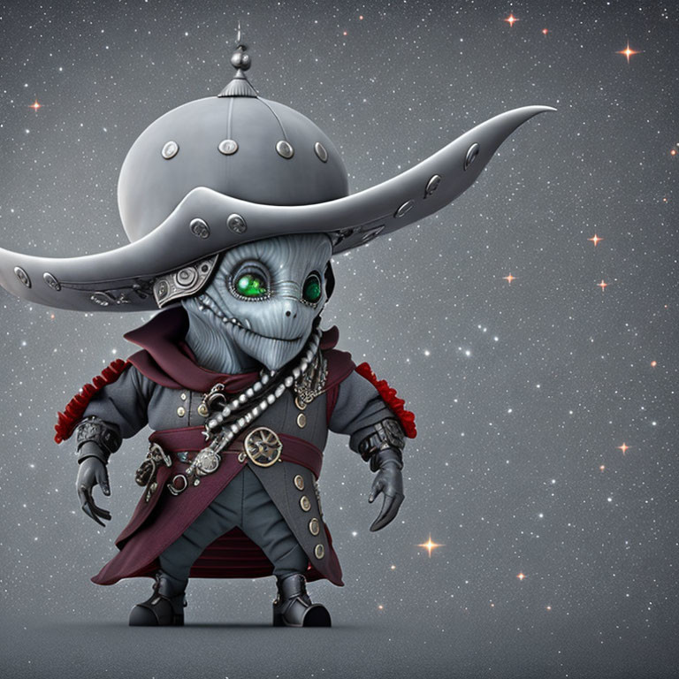 Colorful 3D alien pirate with ornate hat on starry backdrop