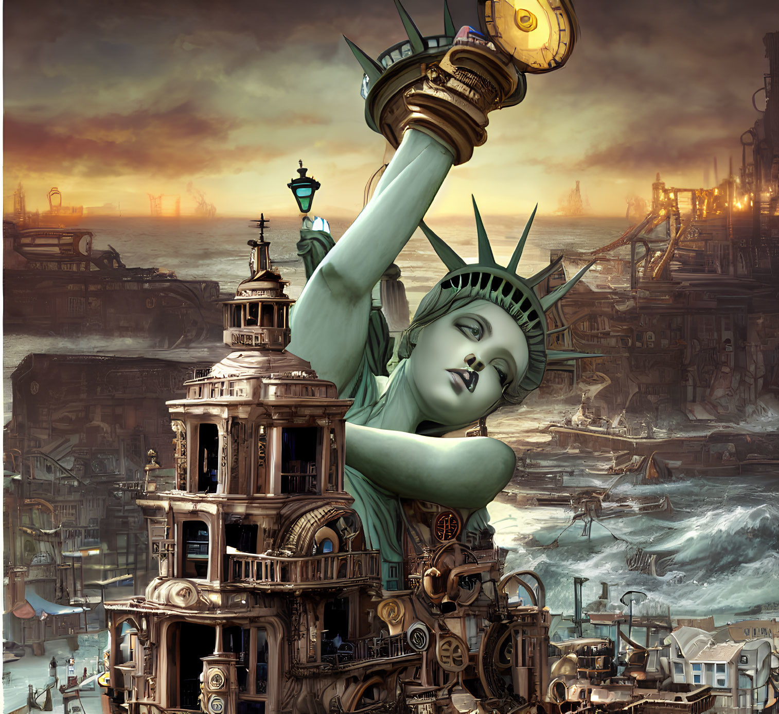 Steampunk Statue of Liberty with Industrial Cityscape and Airships
