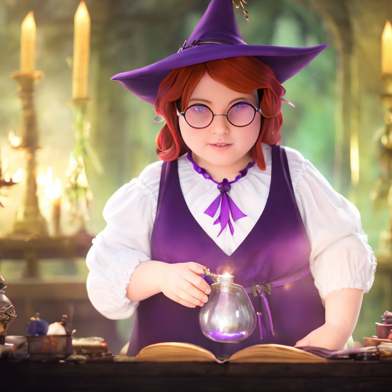 Red-haired witch in glasses with purple hat holding potion in mystical room