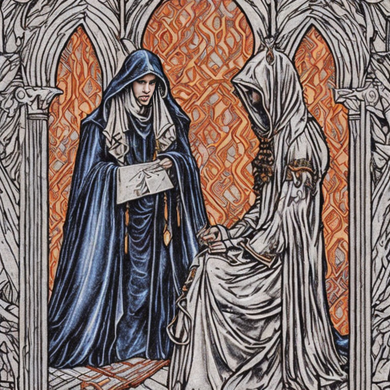 Two robed figures exchanging envelope in gothic archway scene.