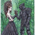 Feathered headwear woman and armored knight connect in greenish setting