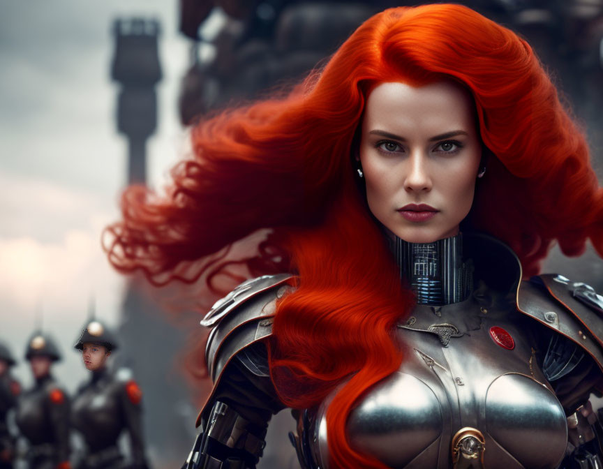 Vibrant red-haired woman in armor with soldiers and dark tower.