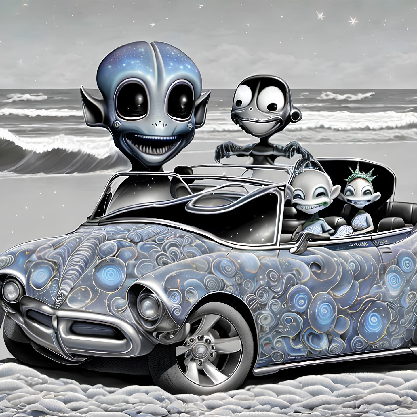 Four extraterrestrial characters in vintage car driving on monochromatic beach under starry sky