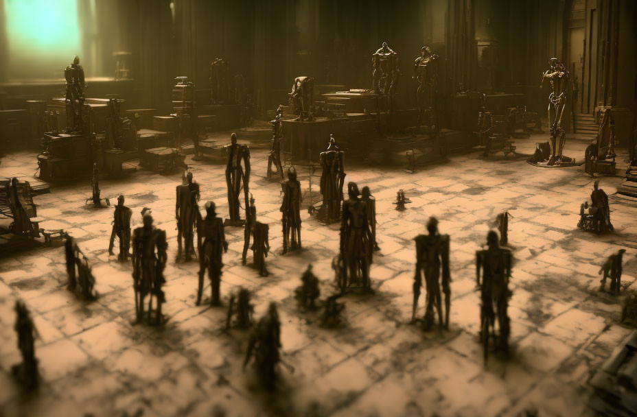 Sepia-toned image of shadowy figures in dimly lit hall