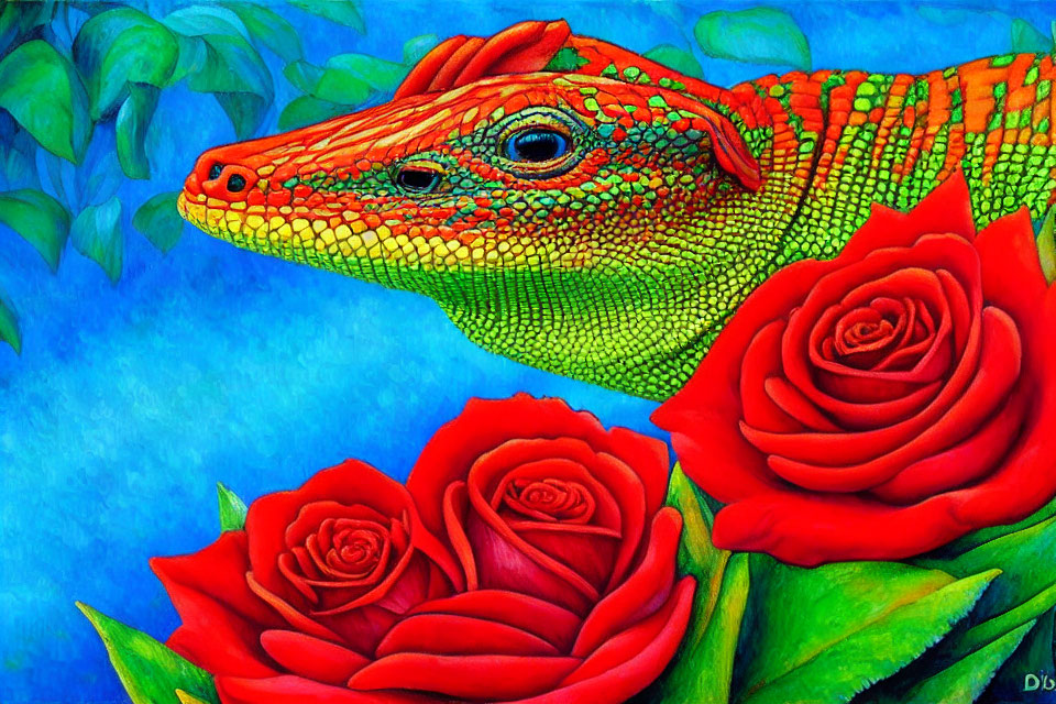 Colorful painting featuring green and orange iguana with red roses on blue background