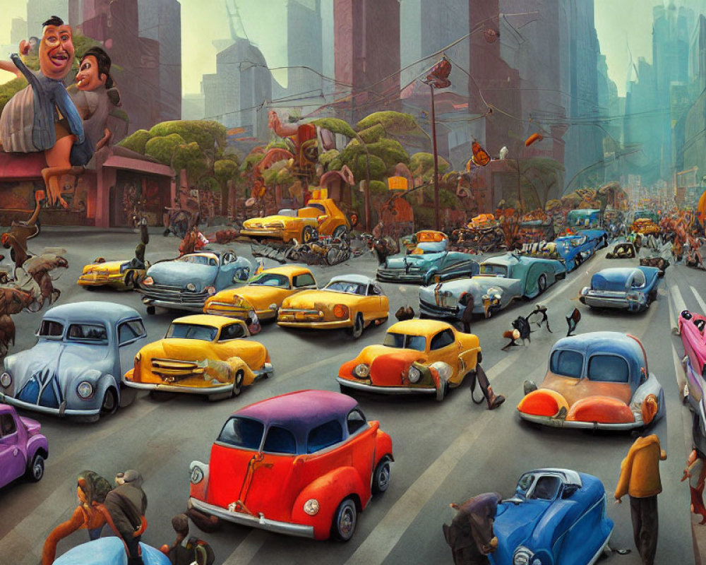 Vibrant city street with anthropomorphic vehicles and happy man on car