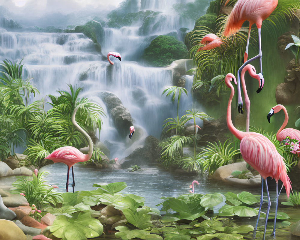 Flamingos in front of cascading waterfall with lush greenery