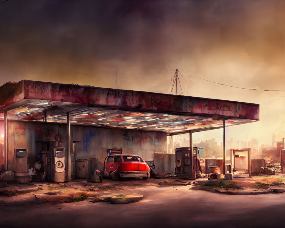 Derelict gas station with rusting car, graffiti, and dystopian setting