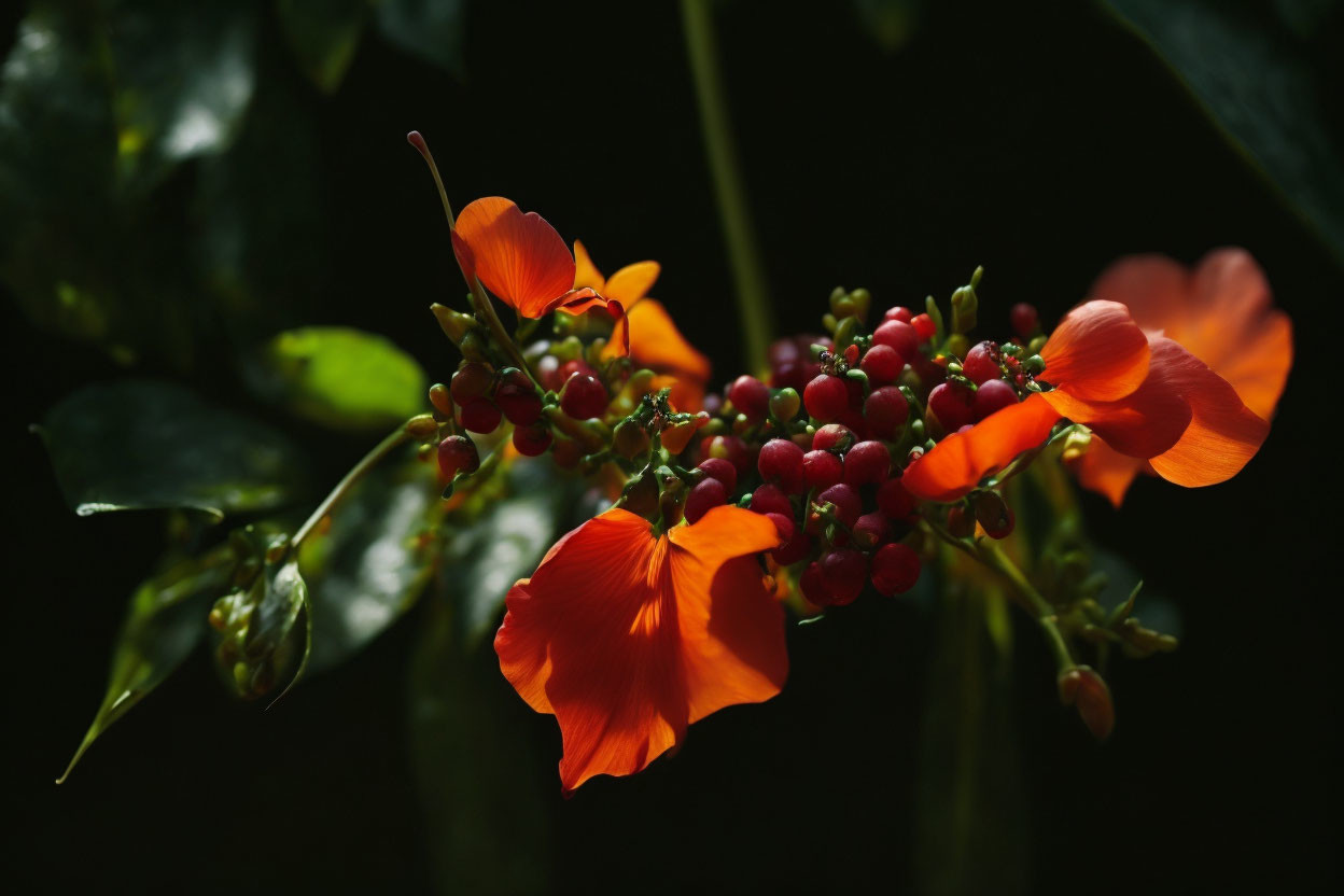 Vibrant orange flowers with red centers and buds against a dark, shadowy background