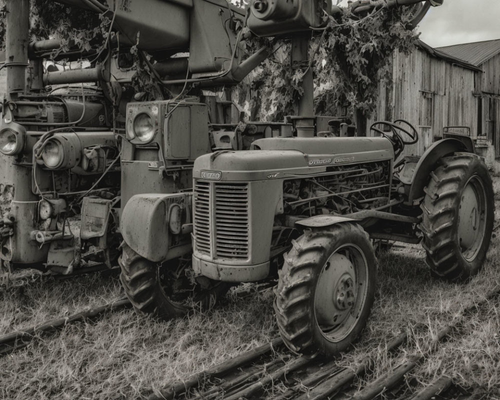 Vintage Tractor in Rustic Farm Setting with Barn in Black and White