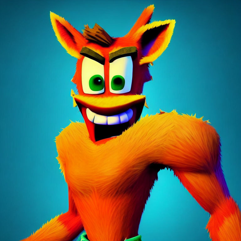 Animated Orange Marsupial with Green Eyes and Wide Grin on Blue Background
