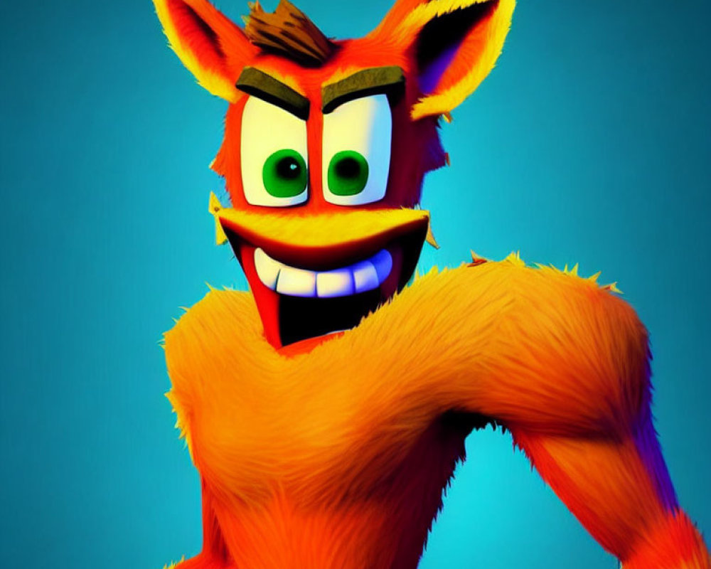 Animated Orange Marsupial with Green Eyes and Wide Grin on Blue Background