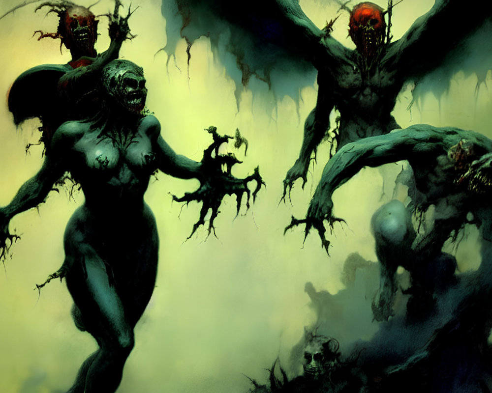 Dark fantasy artwork: Three menacing winged creatures with glowing red eyes in misty green background