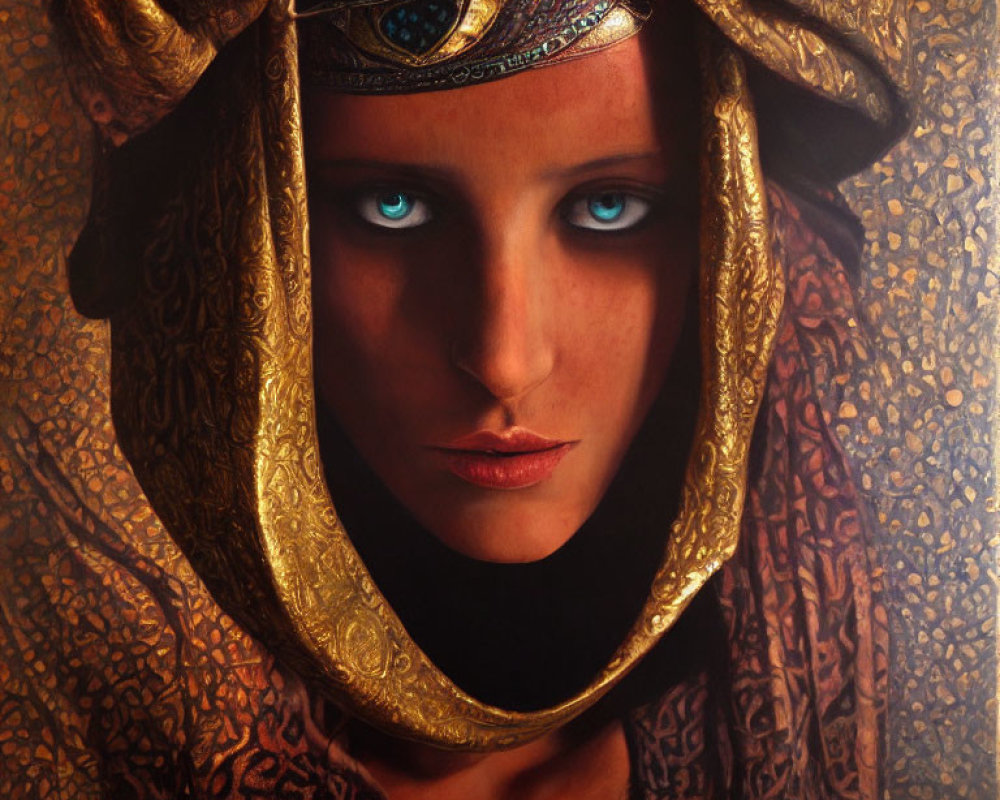 Portrait of Woman with Piercing Blue Eyes and Golden Headdress