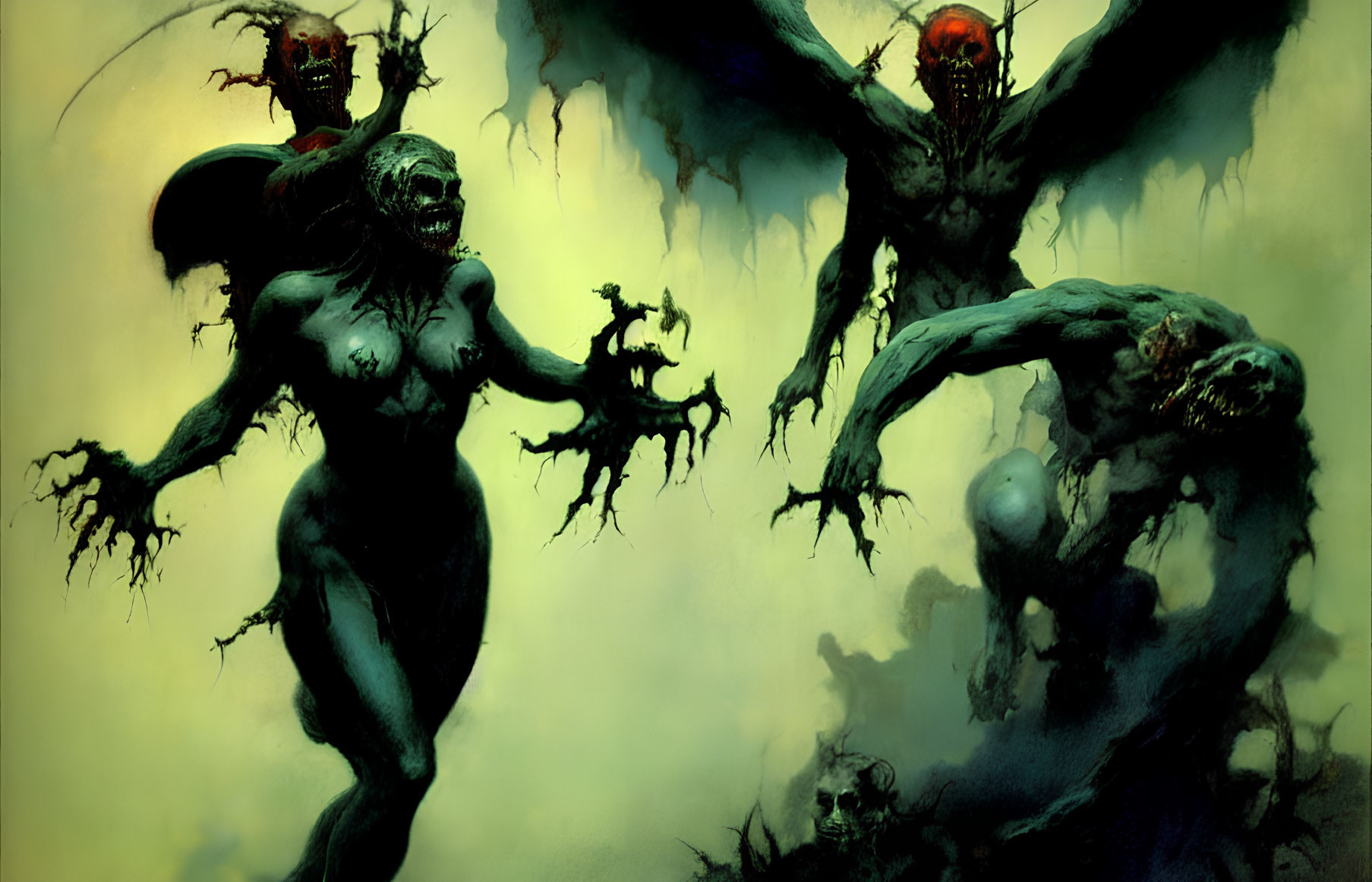 Dark fantasy artwork: Three menacing winged creatures with glowing red eyes in misty green background