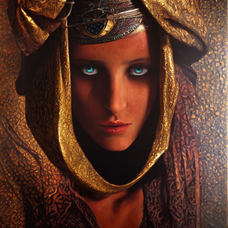 Portrait of Woman with Piercing Blue Eyes and Golden Headdress