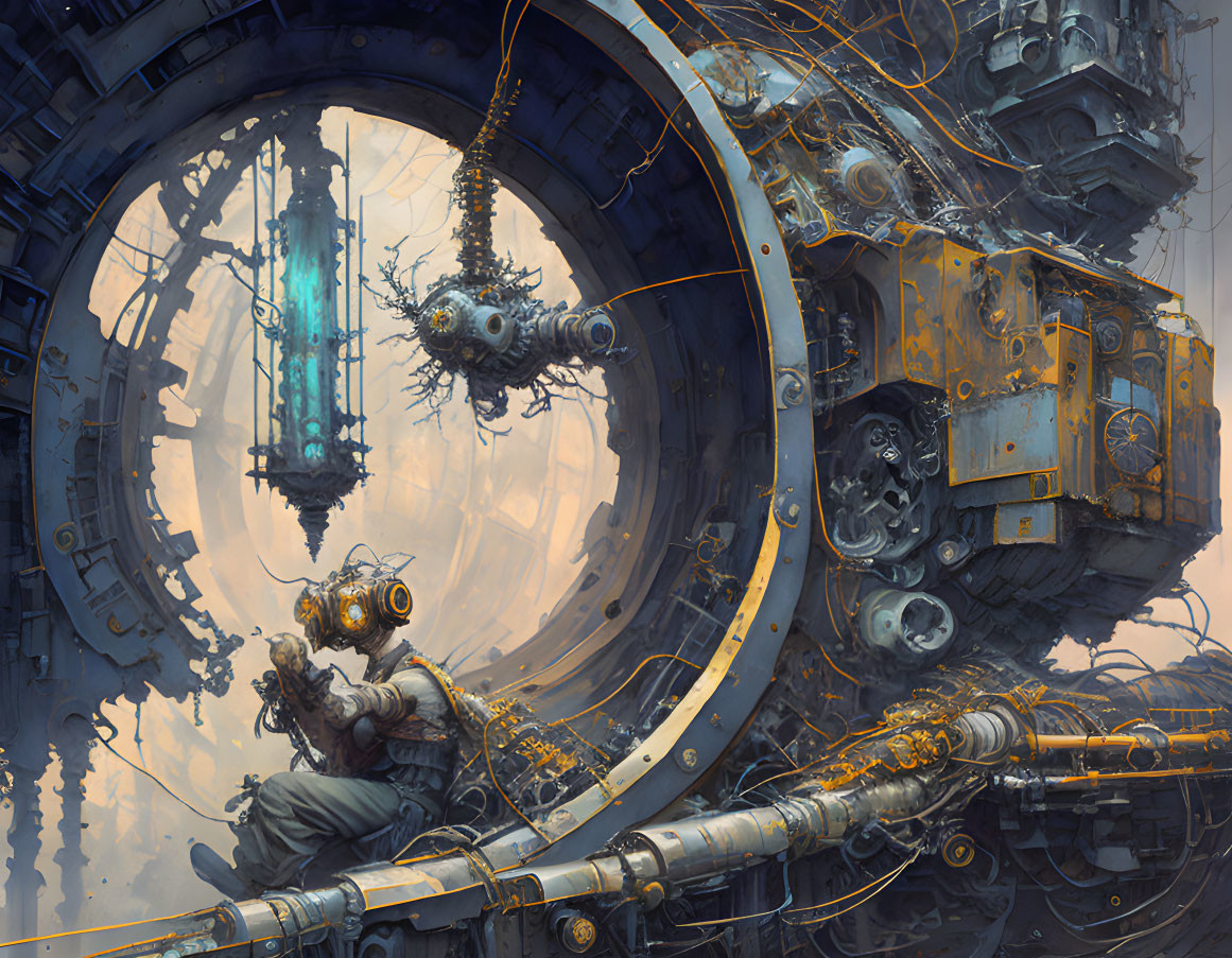 Steampunk-themed image: Person in gas mask with dog among intricate machinery
