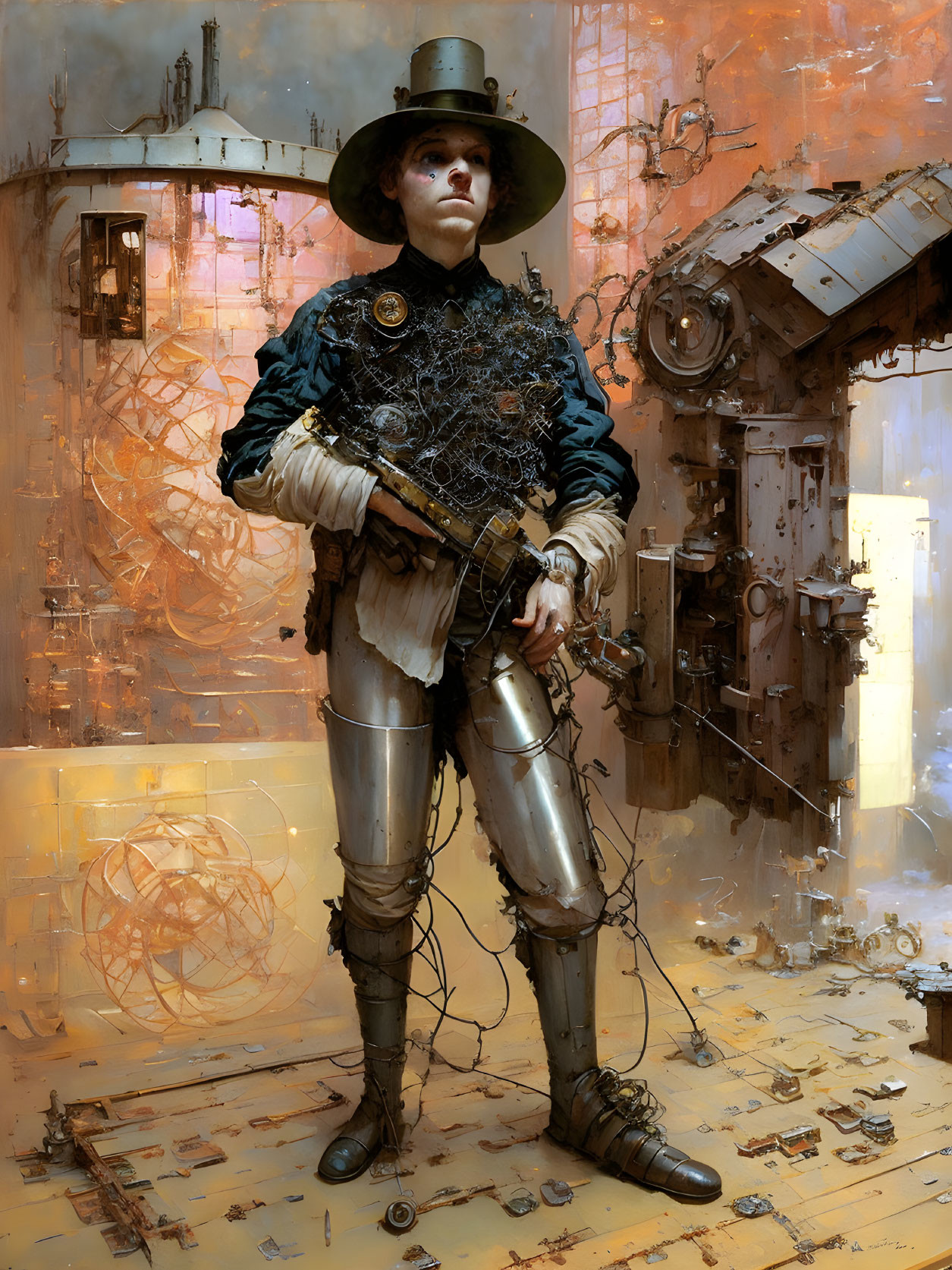 Steampunk-inspired character with wide-brimmed hat and metallic leg armor among mechanical debris.