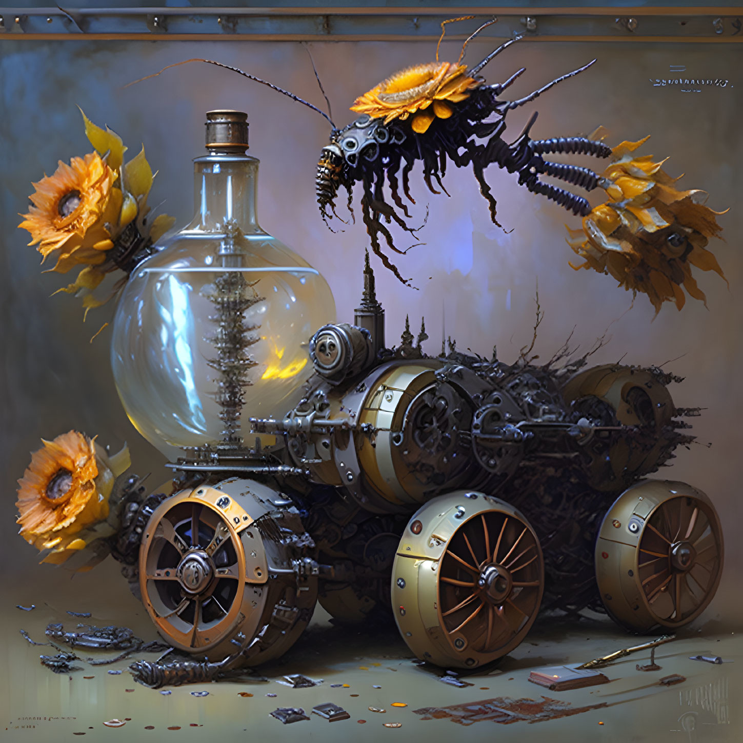 Steampunk-inspired contraption with mechanical wheels, gears, clear bottle, orange flowers, and insect