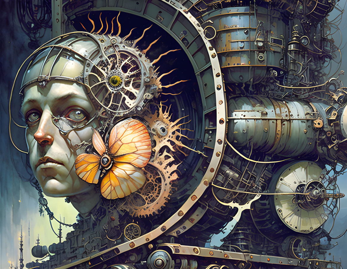 Steampunk-inspired artwork with woman and mechanical butterfly.