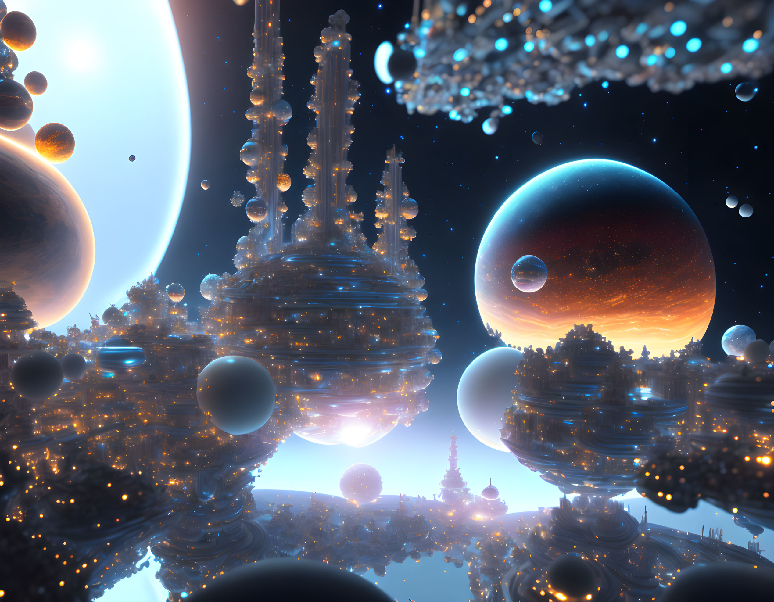 Futuristic cityscape with glowing structures and floating orbs under cosmic sky