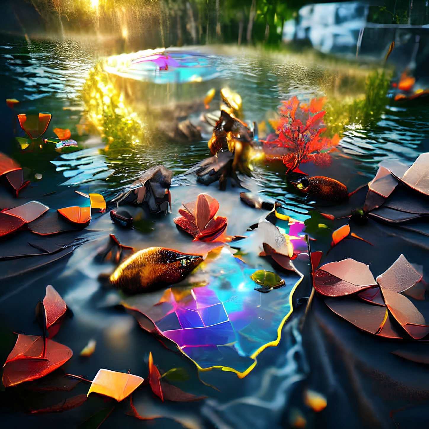 Colorful autumn leaves and fish in glowing pond scene