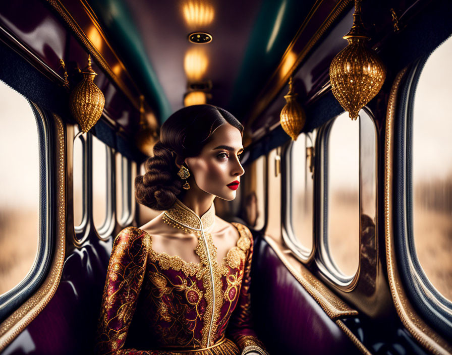 Sophisticated woman in ornate attire gazes from vintage train carriage
