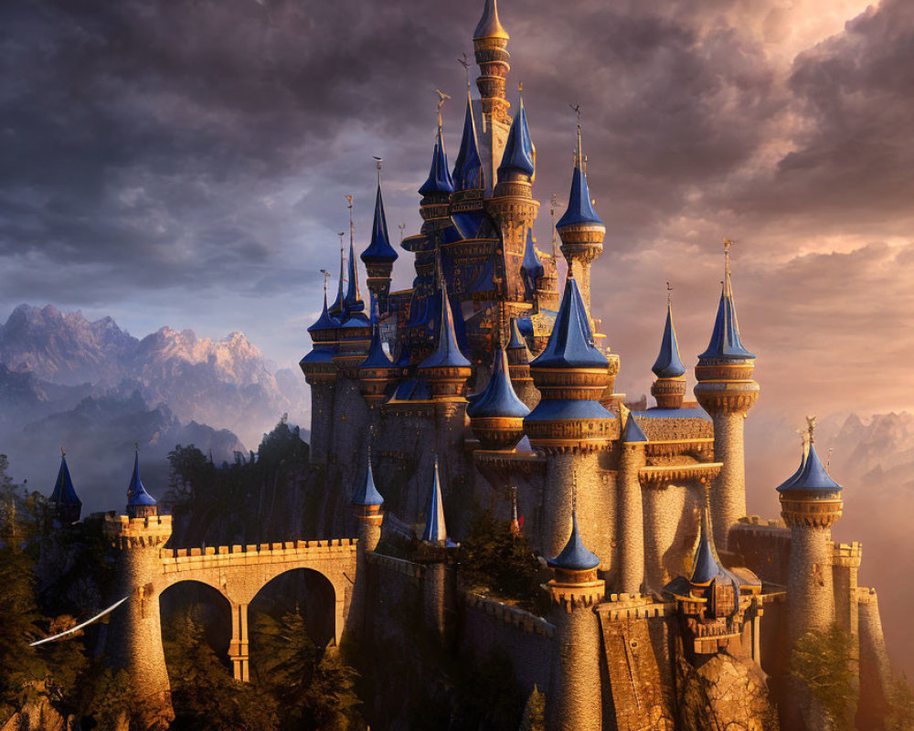 Majestic castle with spires and turrets on rocky cliff at sunset