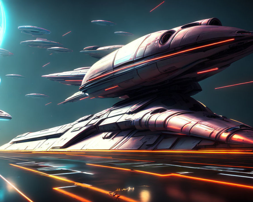 Futuristic spaceships above reflective surface under alien sky