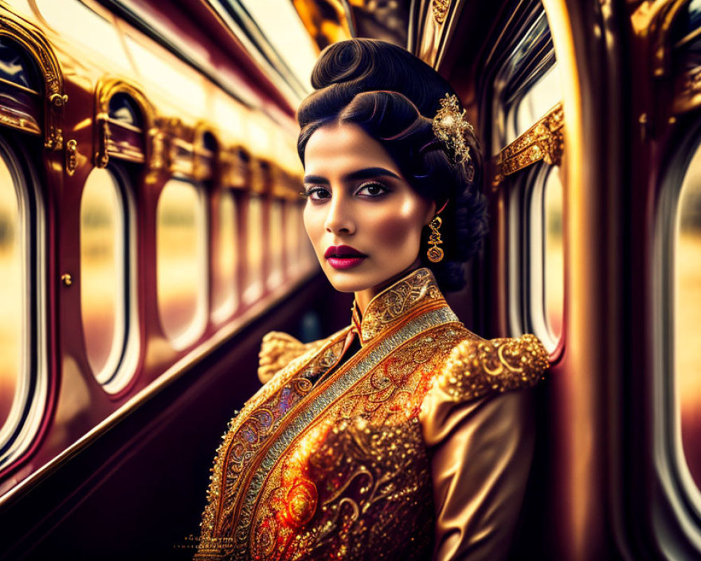 Traditional attire woman poses in vintage train with intricate embroidery.