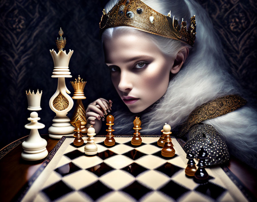 Woman with crown posing beside chessboard with pieces: regal and strategic theme
