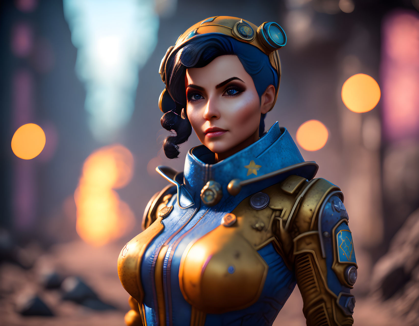 Digital artwork of female character in blue and gold armor with goggles, against warm glowing orbs on blurred background