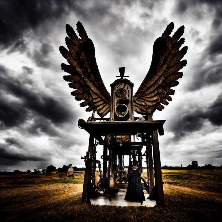 Sculpture of angelic figure with wings in open field under cloudy sky