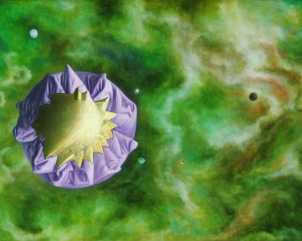 Stylized planet with purple craters and golden peaks in space