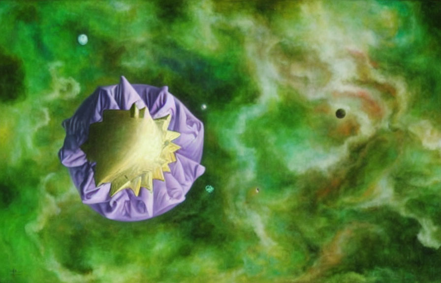 Stylized planet with purple craters and golden peaks in space