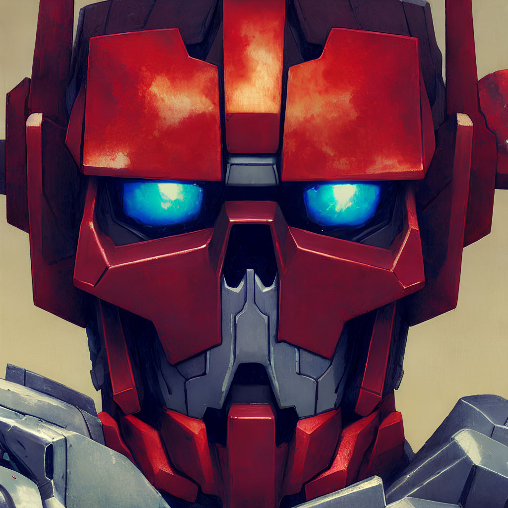 Detailed view of red and gray robotic character with glowing blue eyes