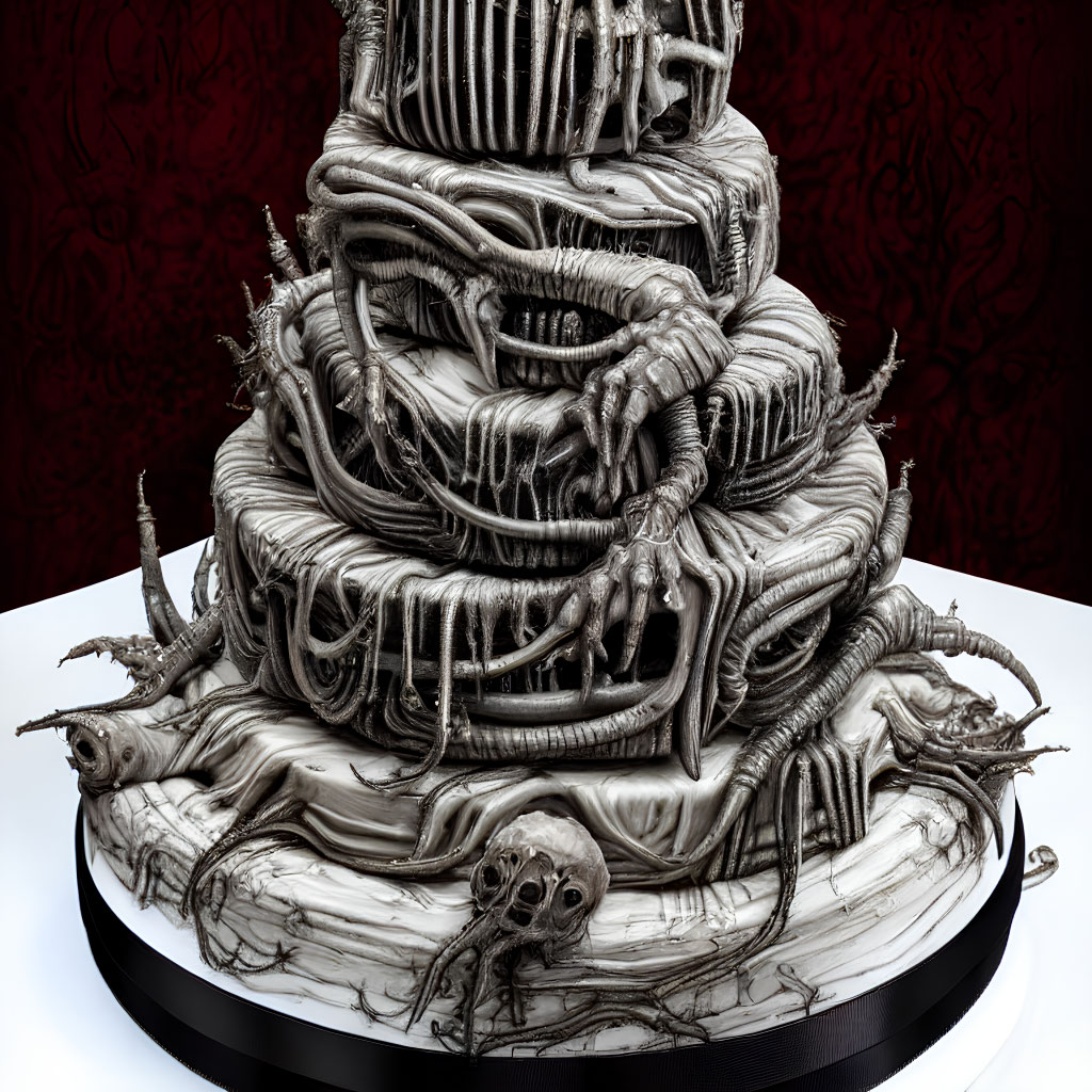 Gothic-style tiered cake with bone and skeleton motifs in monochrome on dark red background