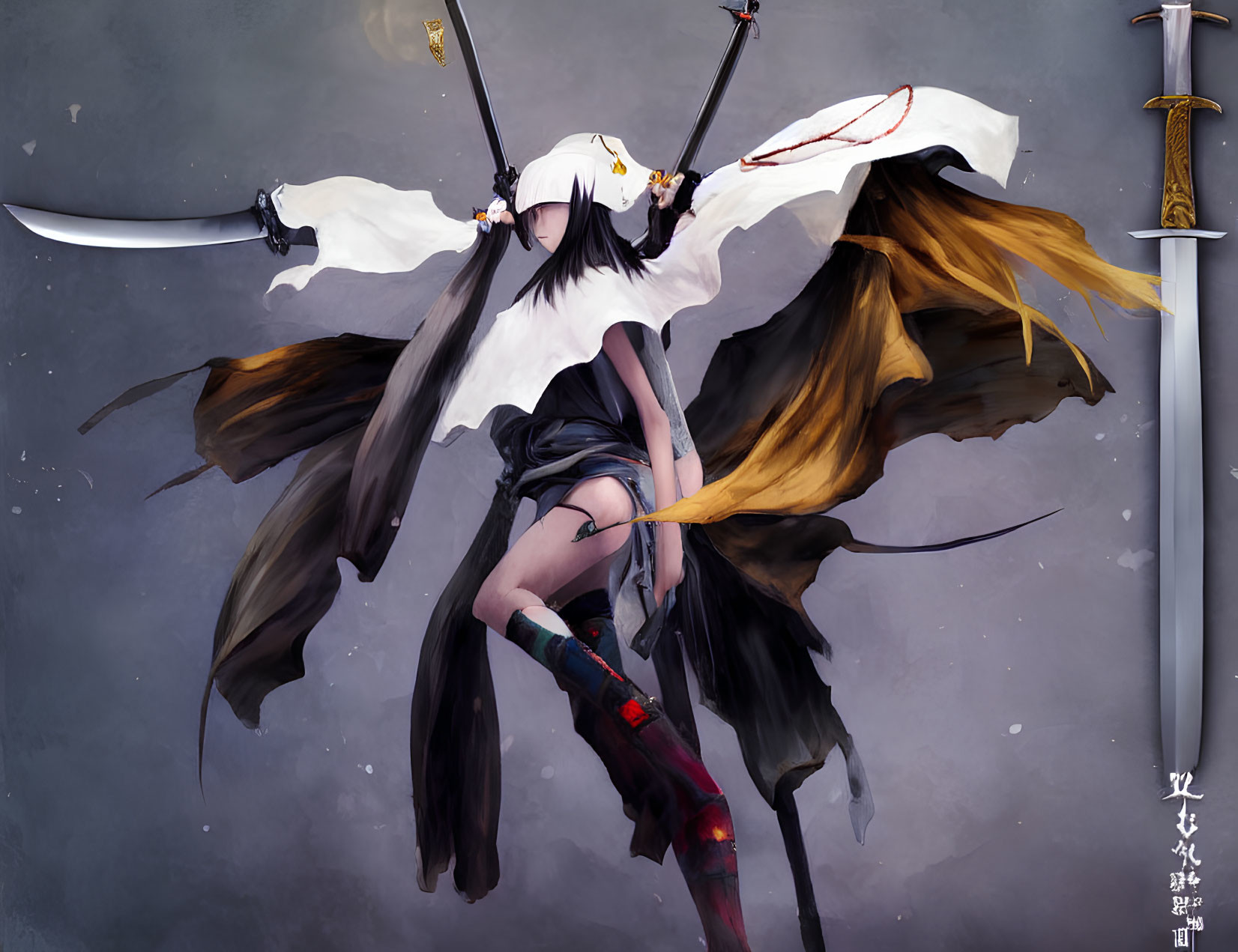 Female anime-style warrior with dual swords and white cape in dynamic illustration