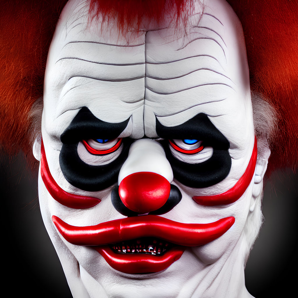 Detailed Close-Up of Person with Clown Makeup: White Face Paint, Red Nose, Black Eye Accents