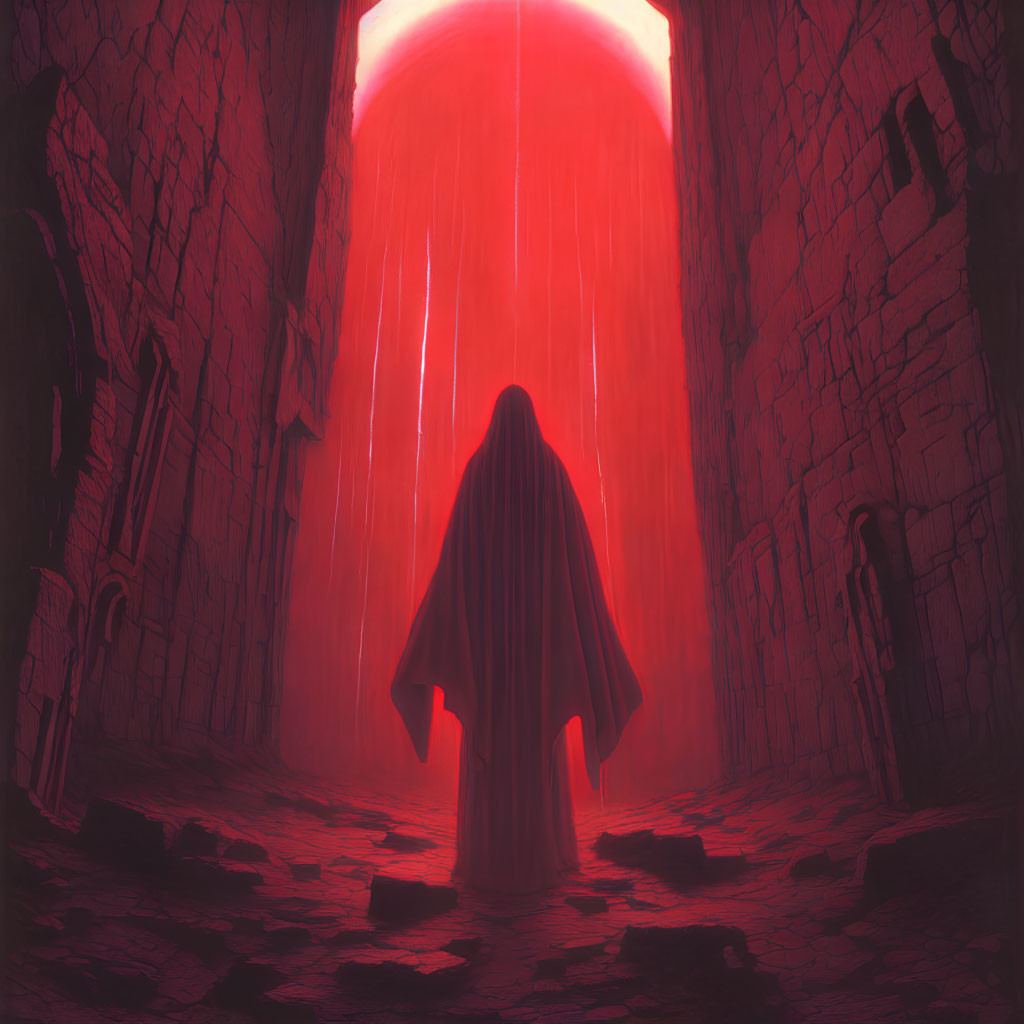 Cloaked figure in stone hallway facing glowing red portal