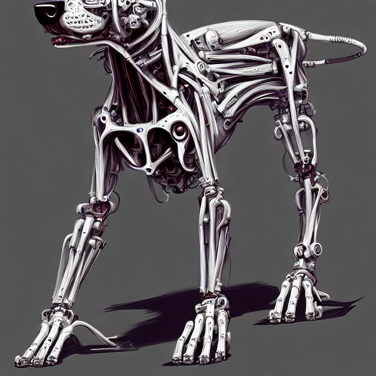 Detailed Illustration: Mechanical Dog with Robotic Parts in Dynamic Pose