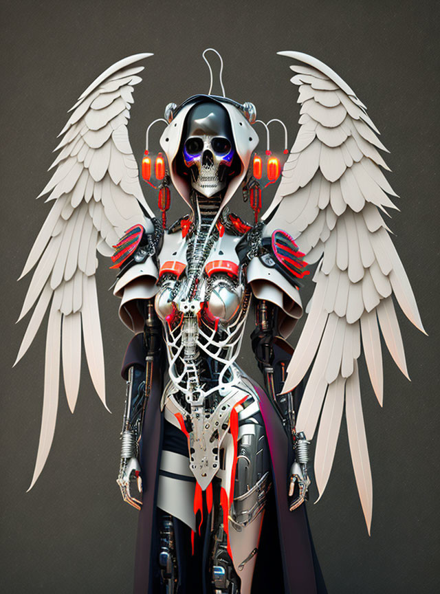 Futuristic black skull robot with red eyes and angelic wings
