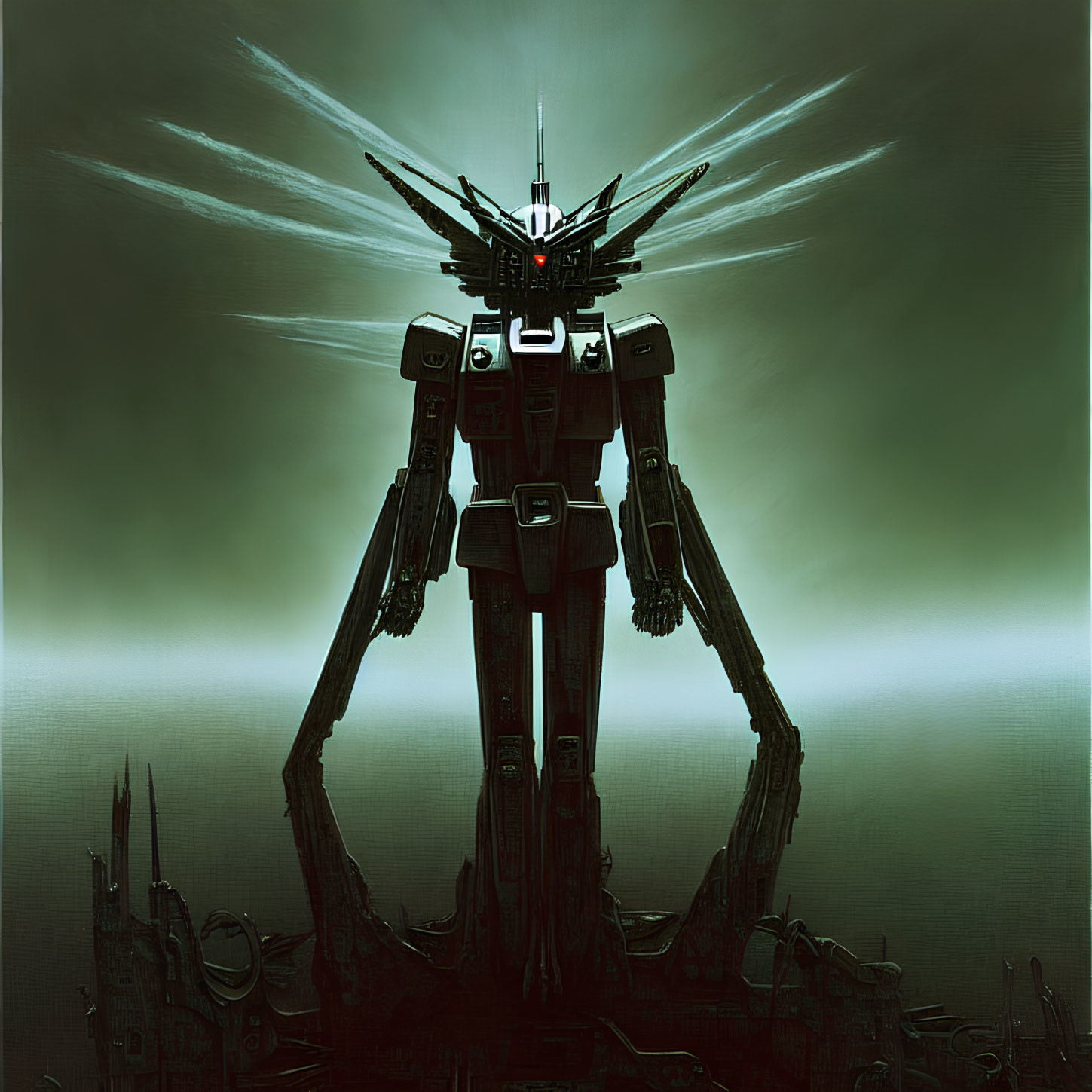 Giant robotic figure with red glowing eyes in misty green background