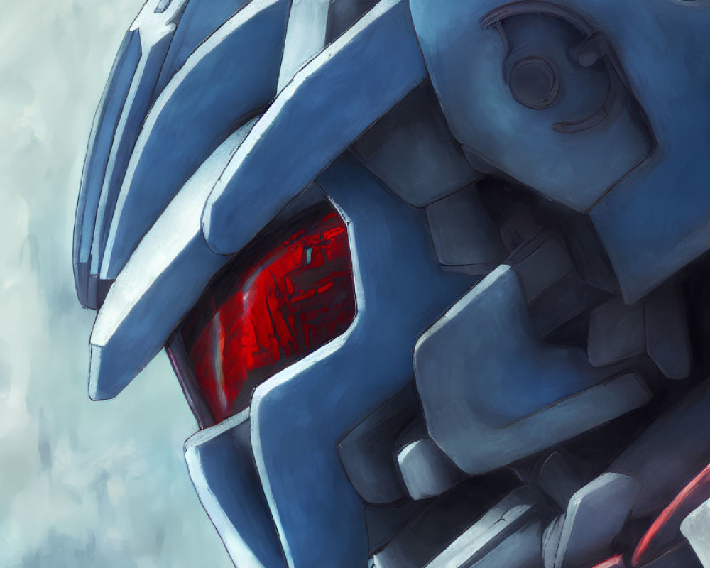 Detailed Close-Up of Blue and White Mech with Glowing Red Visor