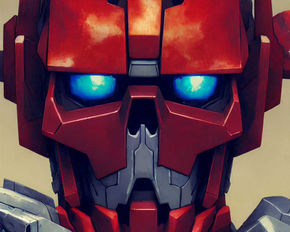 Detailed view of red and gray robotic character with glowing blue eyes