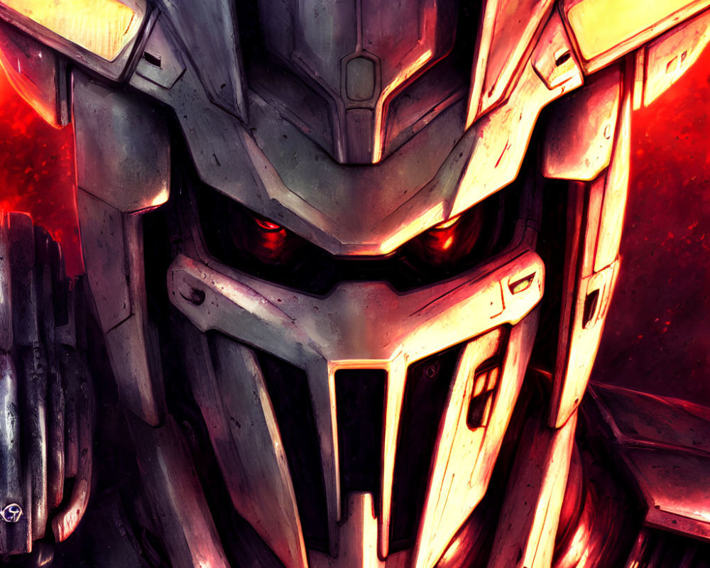 Detailed robotic face illustration with red eyes, metallic armor, grays, yellows, and battle-w