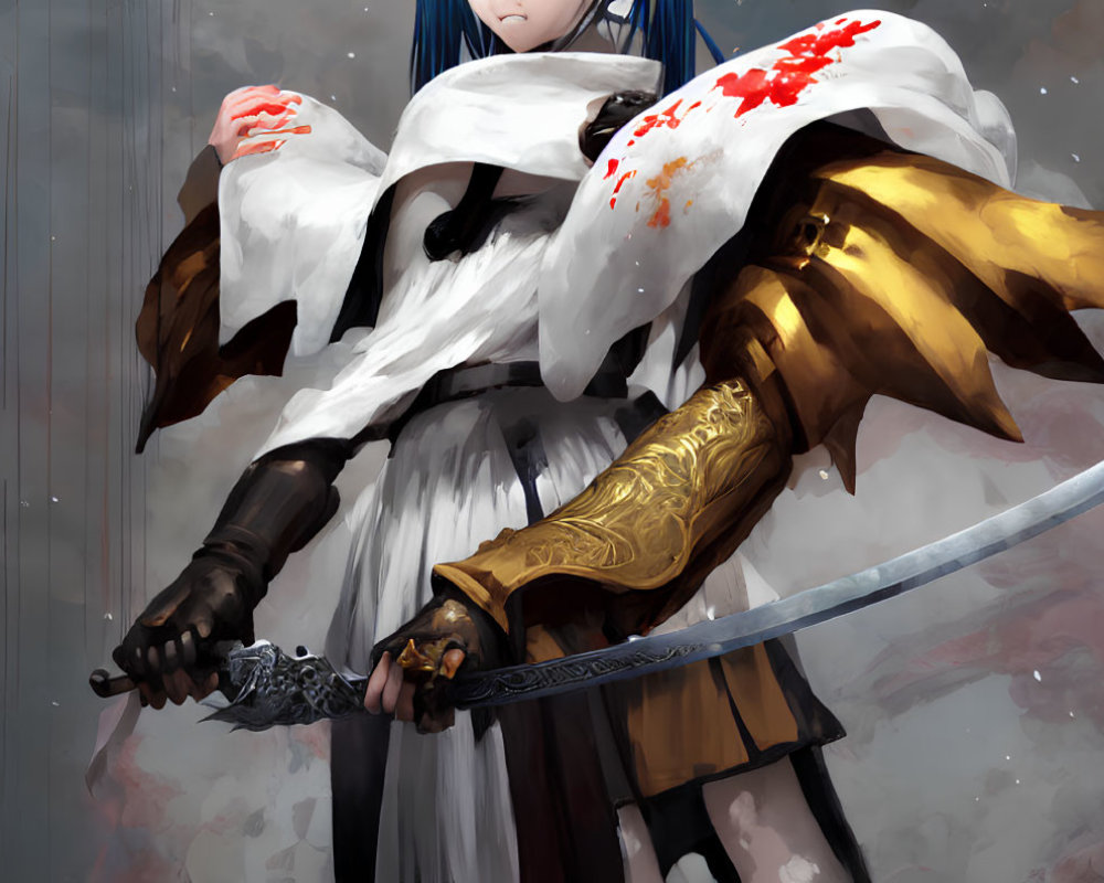 Anime-style female warrior in golden armor with drawn sword and blood-splattered cape